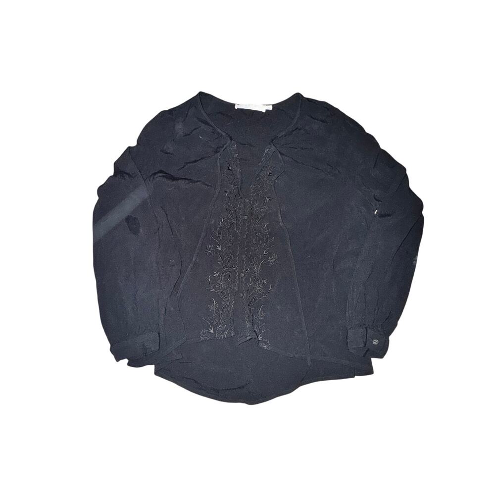 ASTR The Label Madina Button Down Blouse Women's Size M Black Embroidered Floral